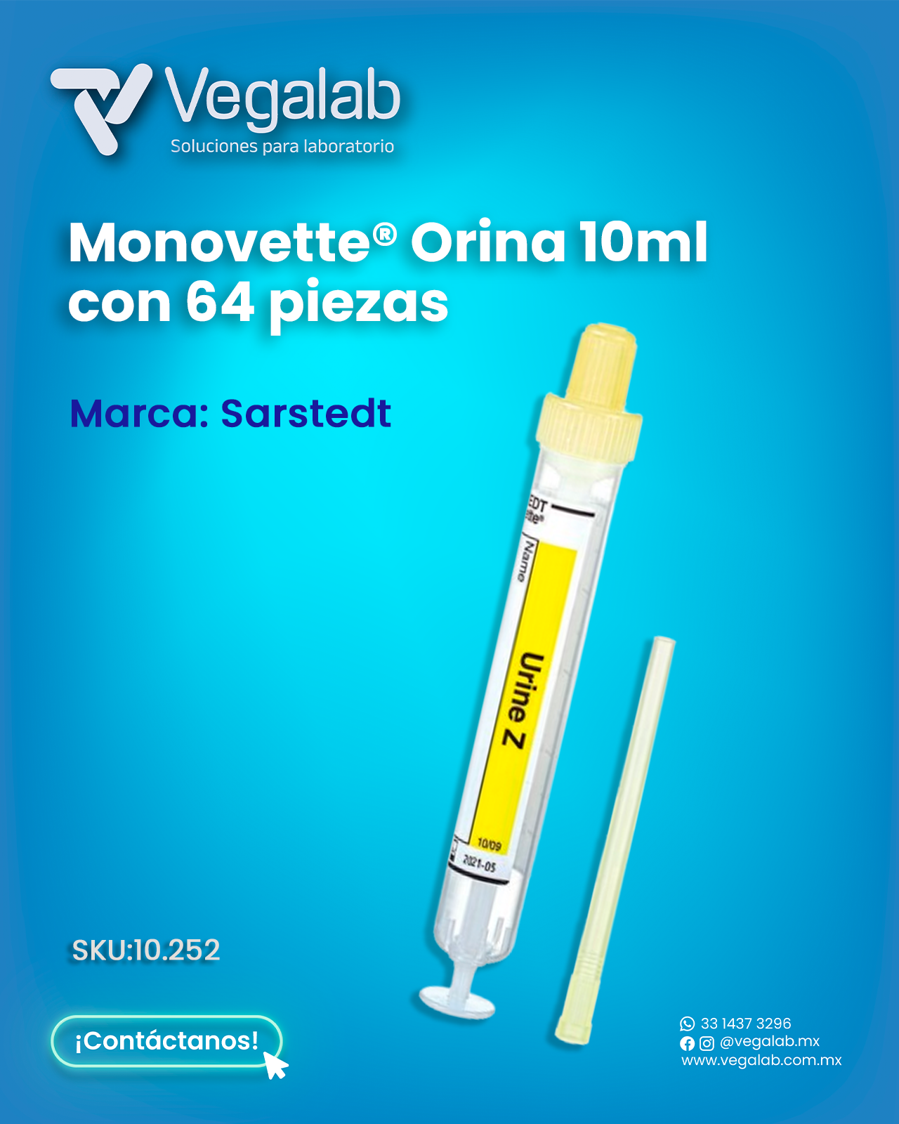 Monovette® Orina Amarillo 10 ml c/64 piezas - Sarstedt