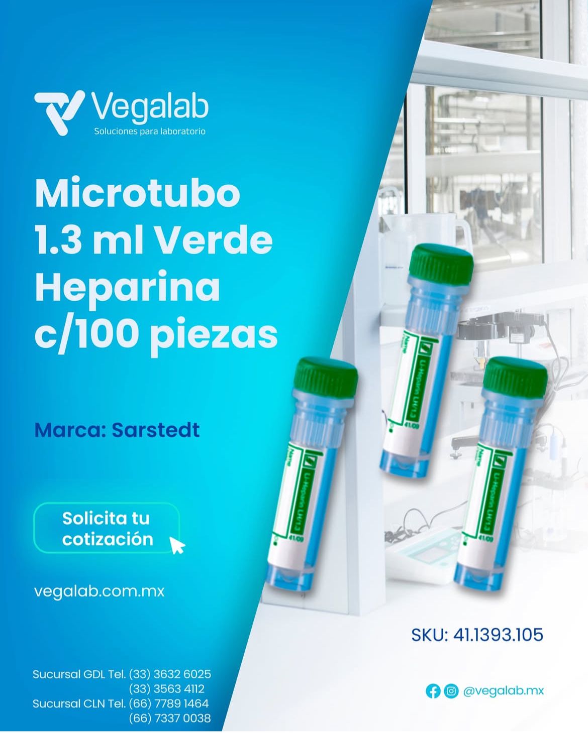 Microtubo Verde preparado muestra de 1.3 ml Heparina Litio c/100 piezas - Sarstedt