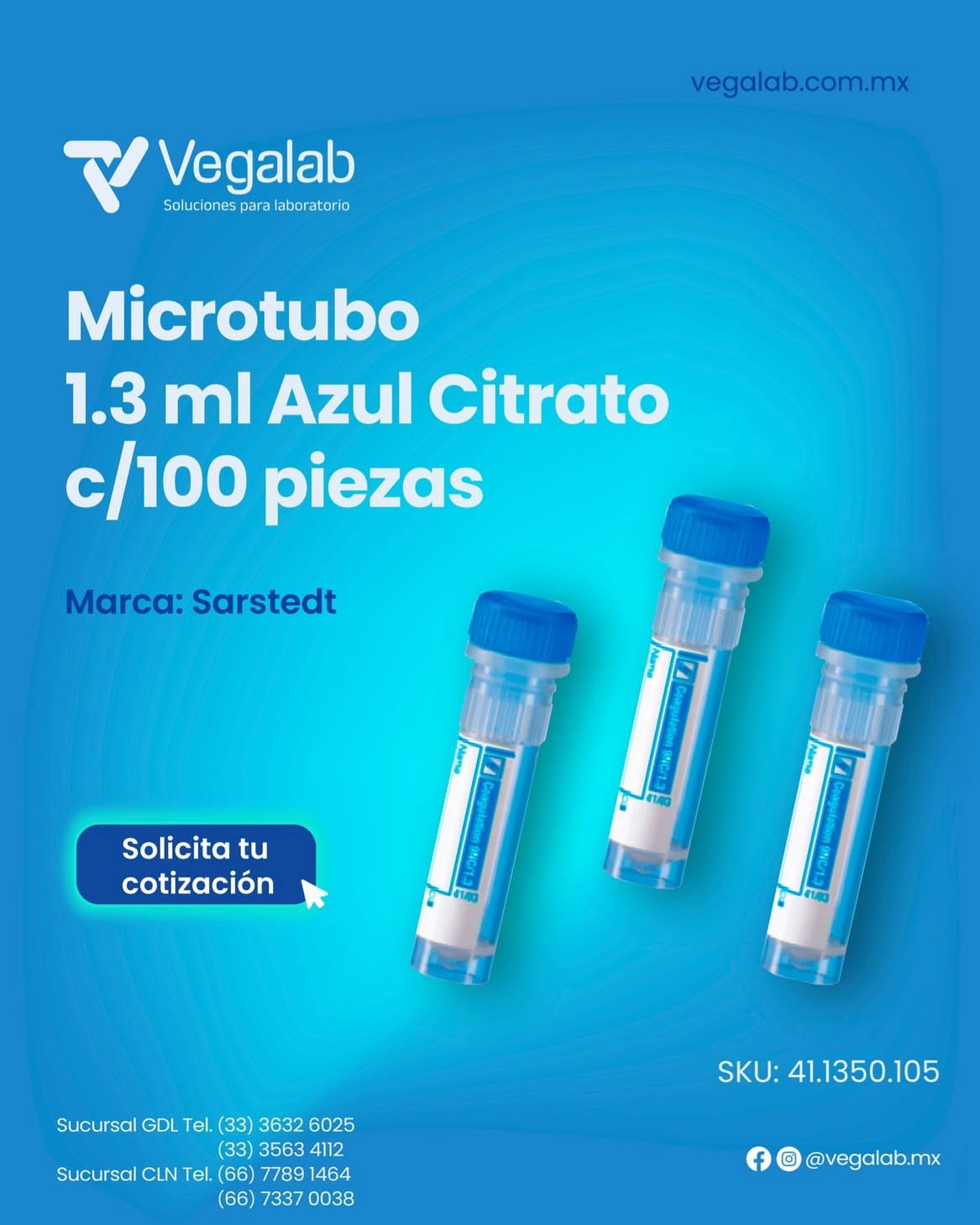 Microtubo Azul preparado muestra de 1.3 ml Citrato c/100 piezas - Sarstedt