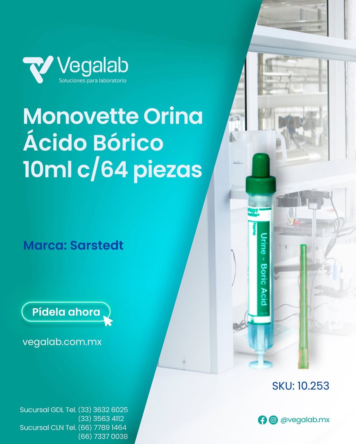 Monovette® Orina Ácido Bórico 10ml c/64 piezas SARSTEDT